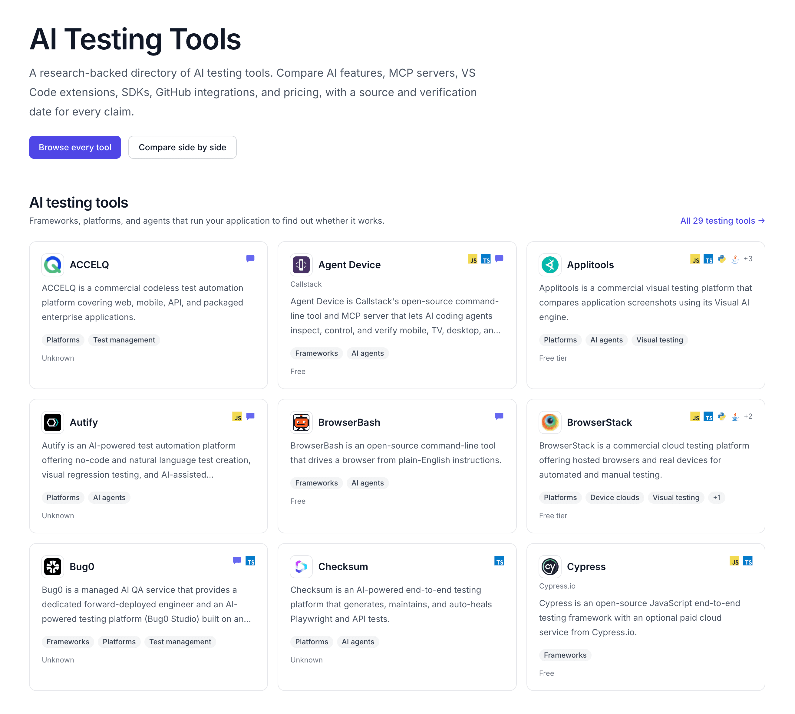 AI Testing Tools - Compare AI testing tools, with a source and a date behind every claim.