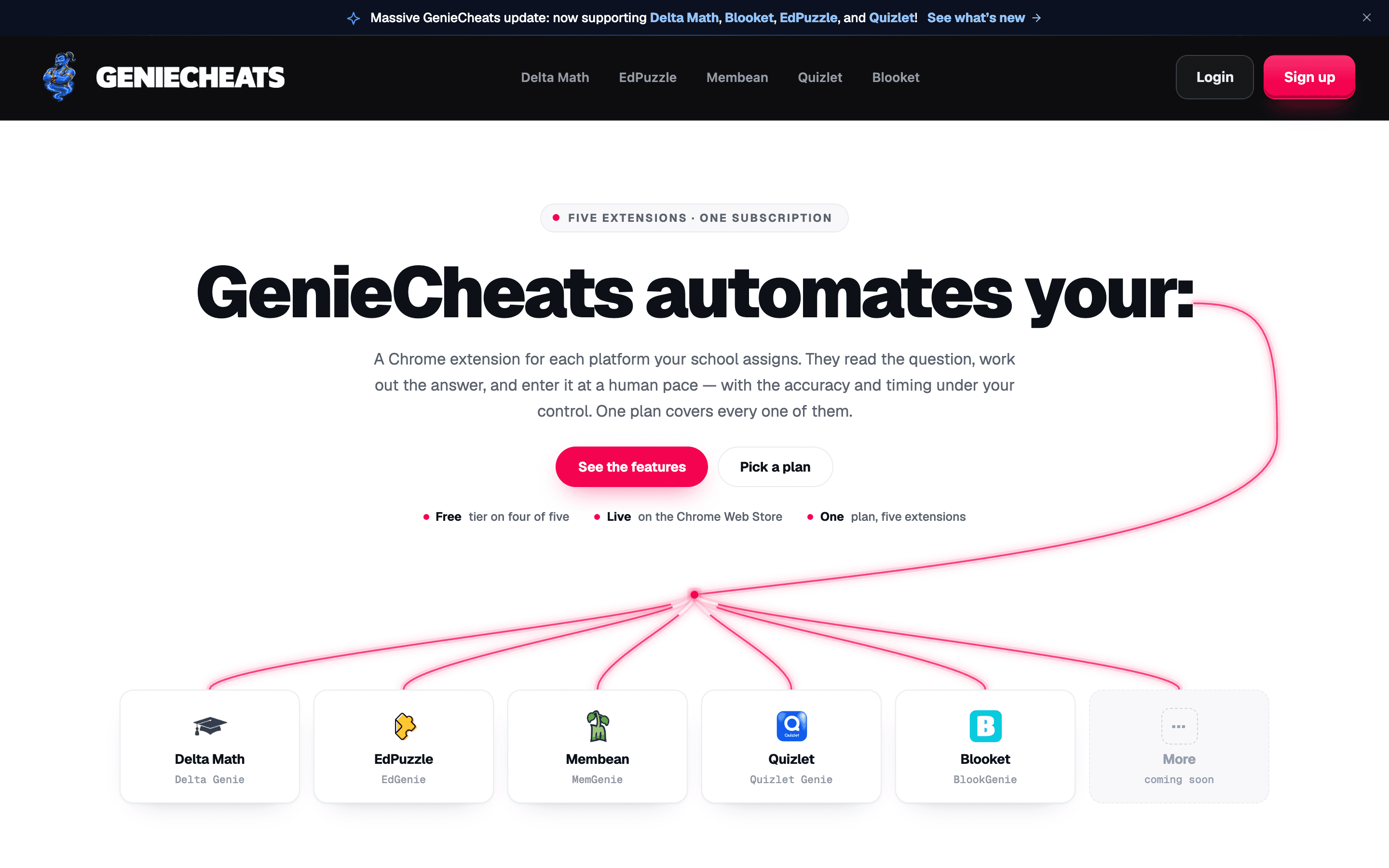 GenieCheats - Earn 50% recurring promoting Chrome extensions that auto-solve DeltaMath, Edpuzzle, Membean, Quizlet & Blooket