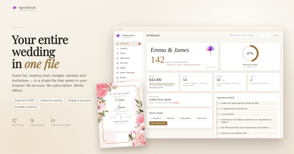 Wedding Planner — Offline Guest List, Seating Chart & Budget in One File - Offline all-in-one